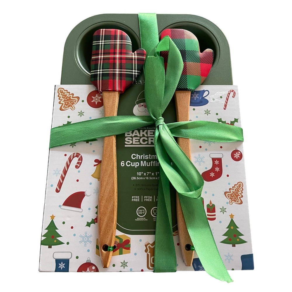 Bakers Secret Christmas 6 Cup Muffin Pan Set 2‎ Plaid Spatulas Liners Green